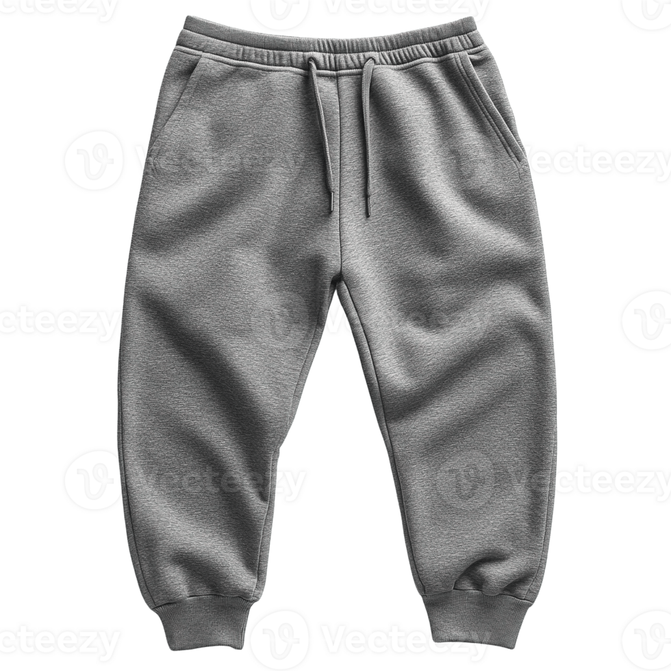 Gray Fleece Sweatpants with Ribbed Cuffs and Adjustable Drawstring Isolated on Transparent Background png