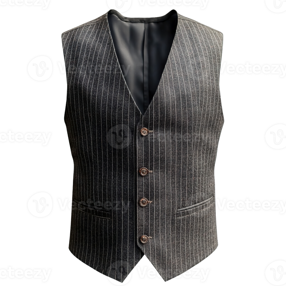 Classic Black Pinstripe Formal Waistcoat for Men. Elegant Four-Button Suit Vest with Fine White Stripes, Premium Lining, and Tailored Fit for Business, Weddings, and Formal Events png