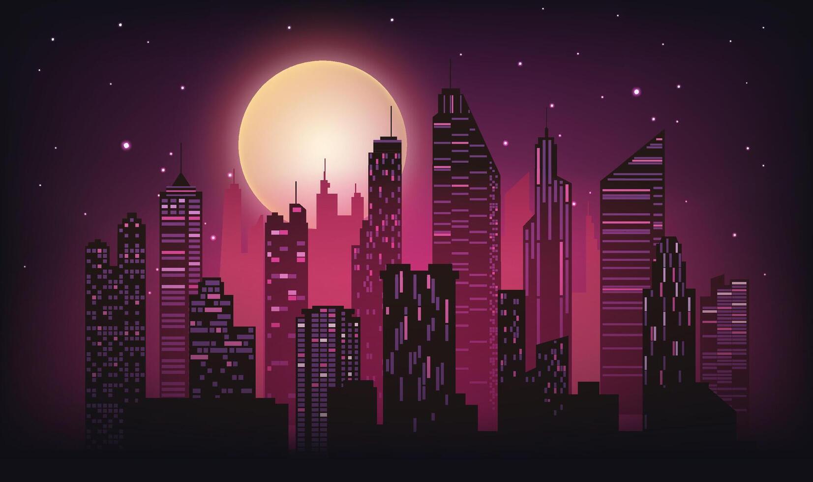 City night landscape horizontal illustration rose red atmosphere city skyline vector