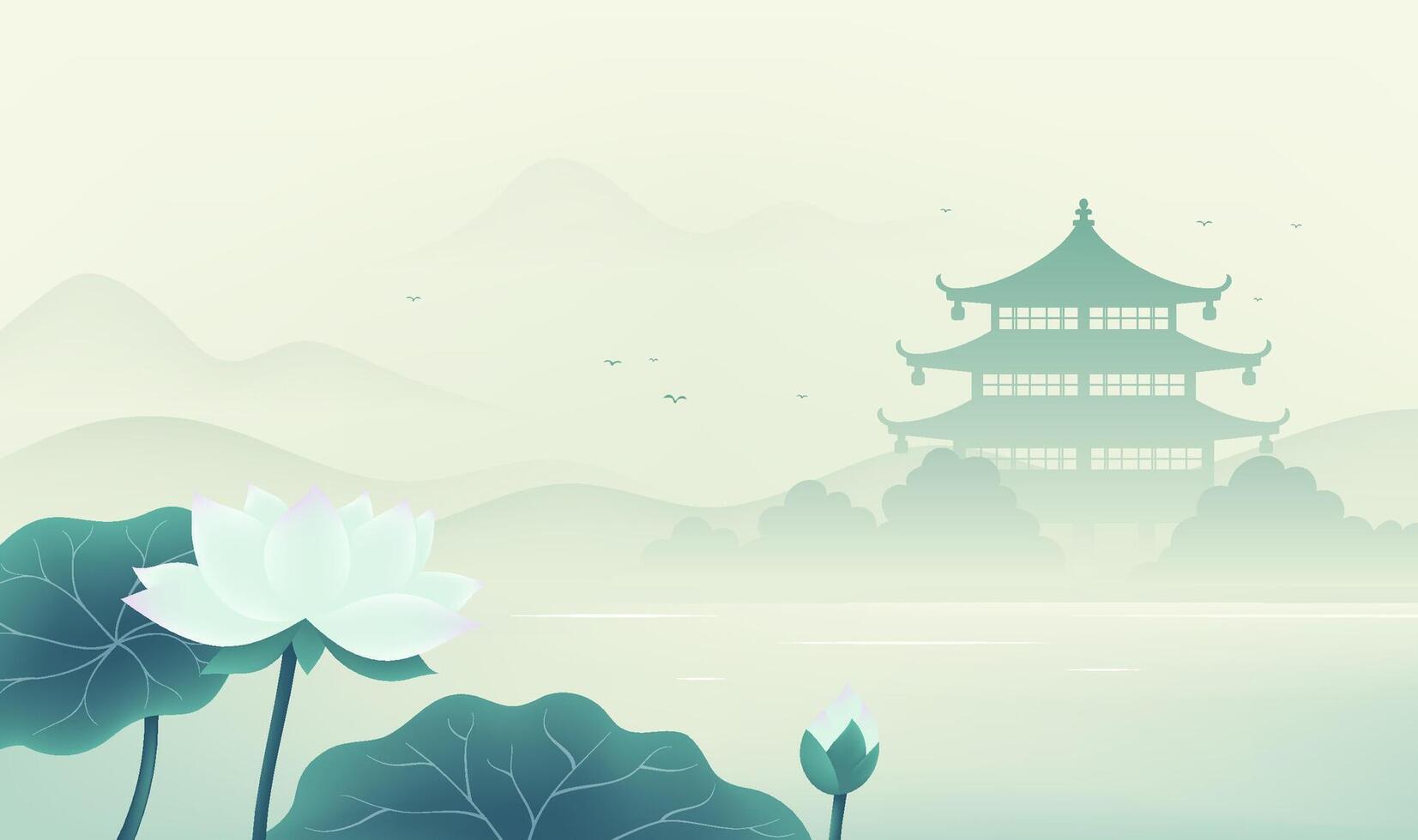Chinese style horizontal illustration design lotus and architectural landscape vector