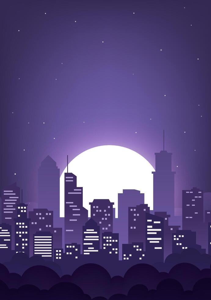 City night landscape vertical illustration gray-purple atmosphere city skyline vector