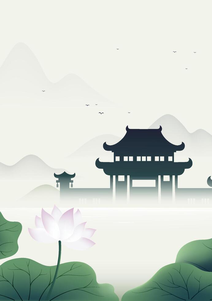 Chinese style vertical plate illustration design lotus pond and courtyard vector