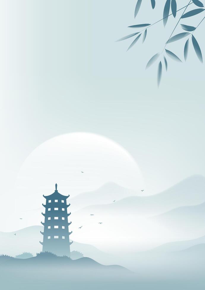 Chinese style vertical board illustration design tower and ink landscape vector
