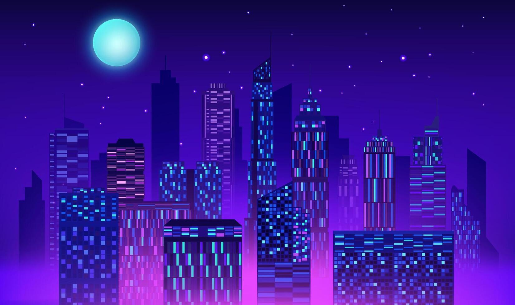 City night landscape horizontal illustration blue-purple atmosphere city skyline vector