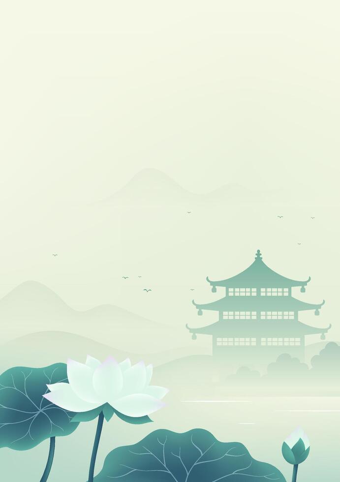 Chinese style vertical illustration design lotus and architectural landscape vector