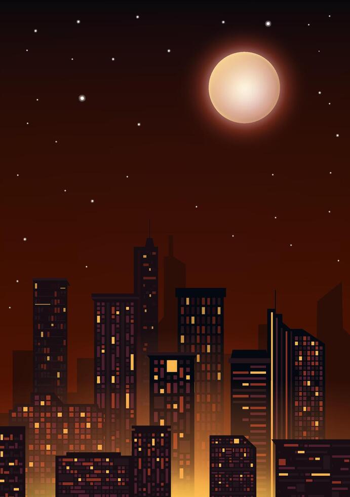 City night landscape vertical illustration orange atmosphere city skyline vector