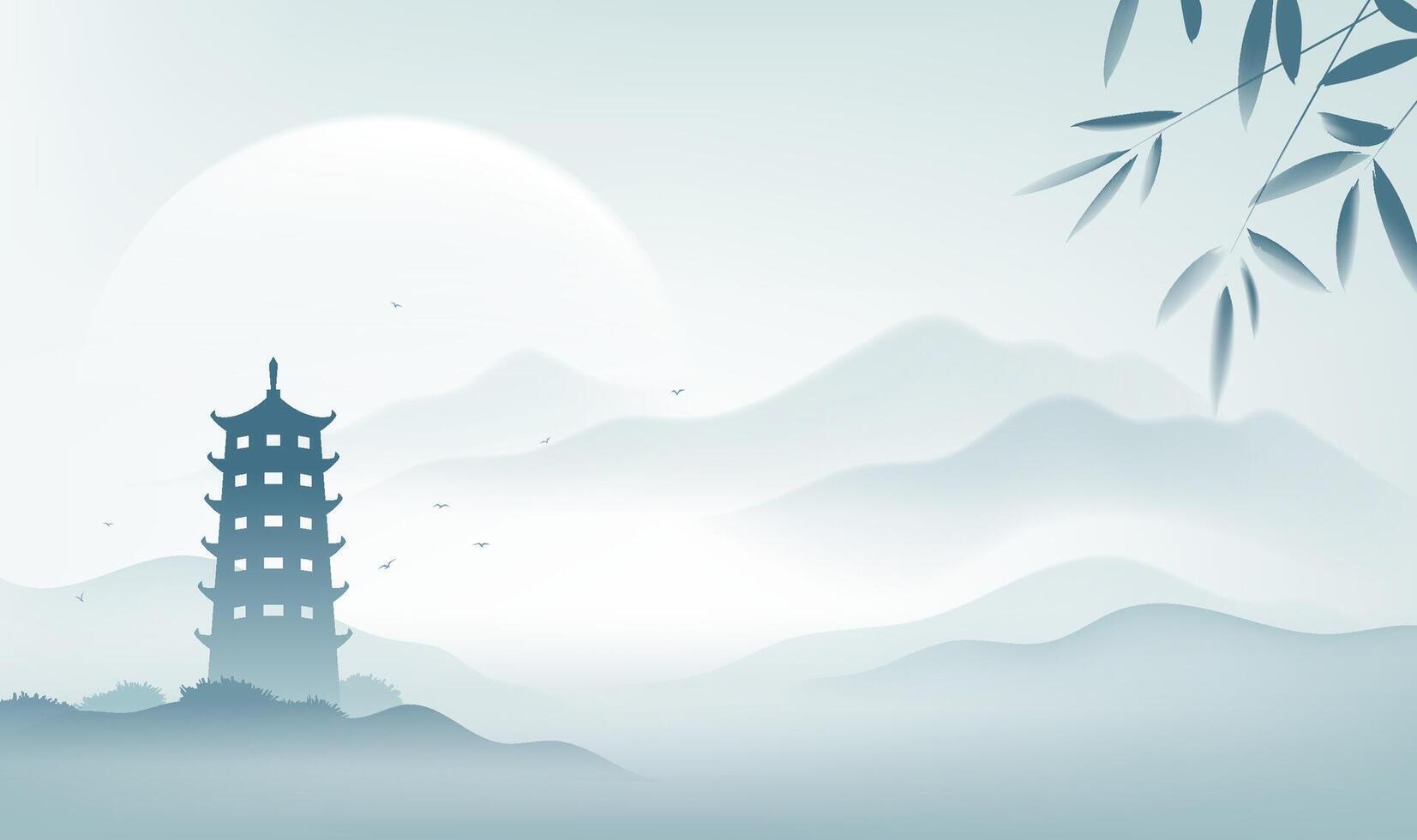 Chinese style horizontal board illustration design tower and ink landscape vector