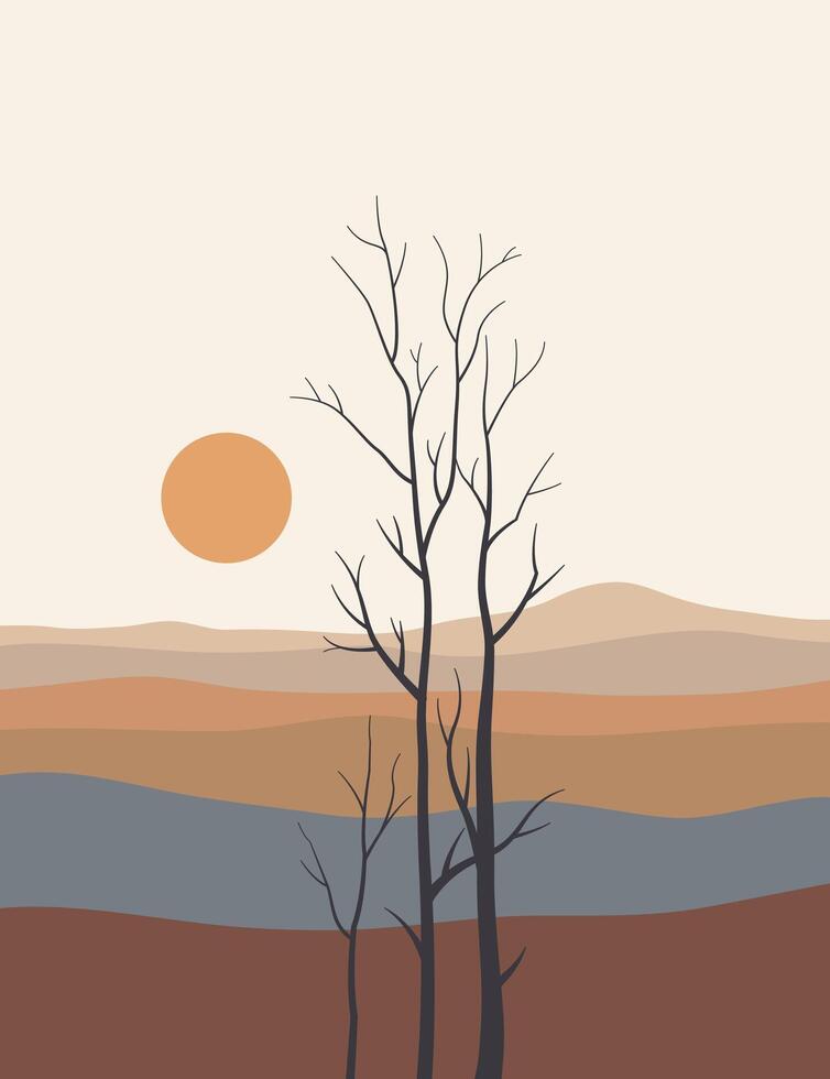 landscape line art drawing with abstract shape. vector