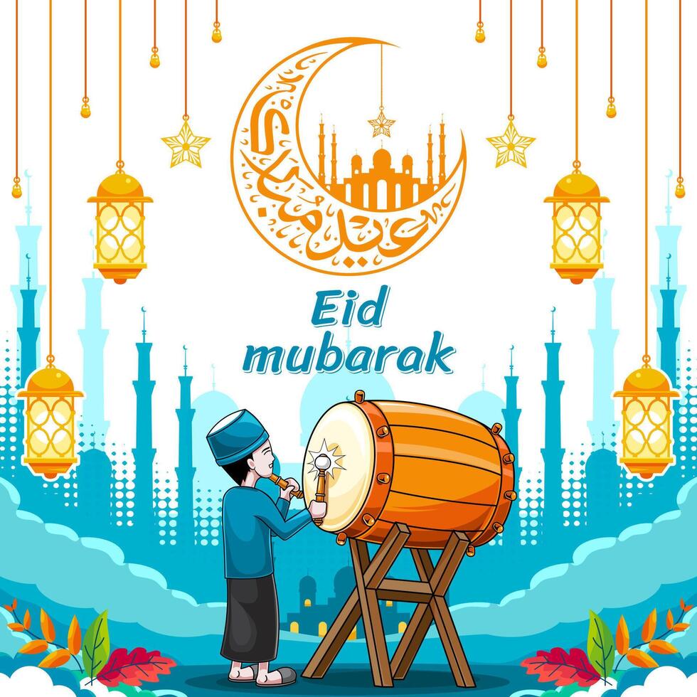 Eid mubarak post design with drummer illustration and lantern decoration vector