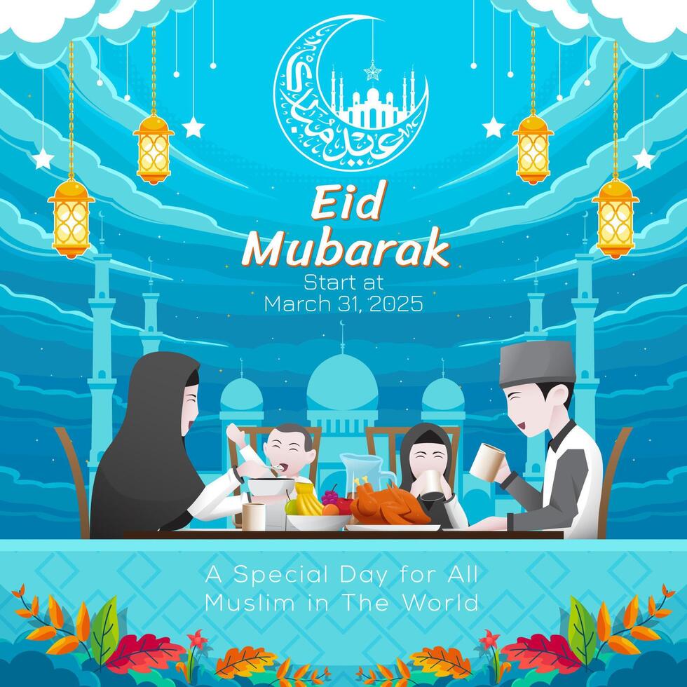 Islamic post design with illustration of family in Eid atmosphere vector
