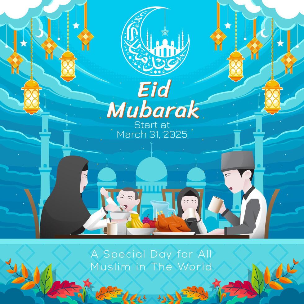 Islamic post design with illustration of family in Eid atmosphere with additional lantern decoration vector