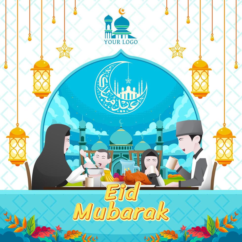 Eid mubarak islamic post design with illustration of family during eid vector