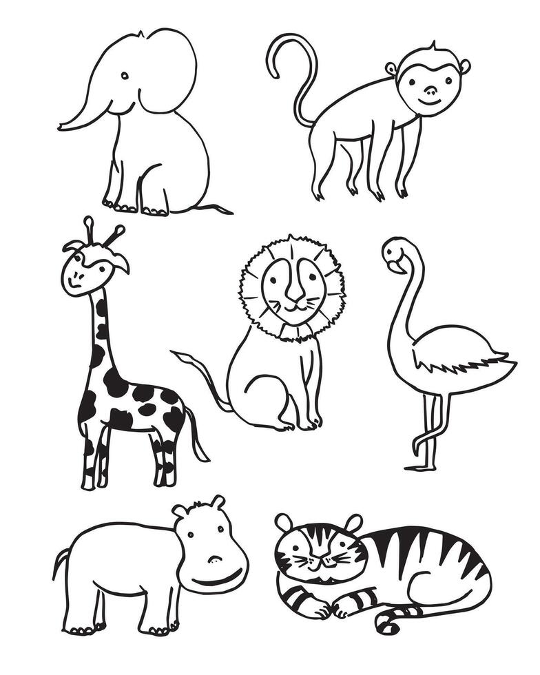 Black and white animals of africa and jungle in doodle style vector
