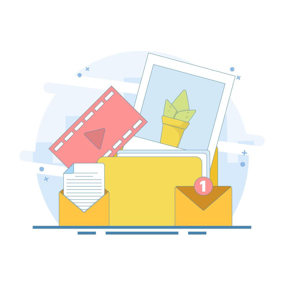 The concept of organized files organizes a collection of files that include videos, images, and email messages. Organizing documents into folders archives file management and administration. vector