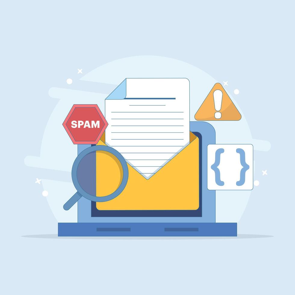 Spam email concept set enlarged bug email warning sign on computer monitor screen. Laptop with envelope and document with exclamation mark on screen. warning message. Flat design illustration vector