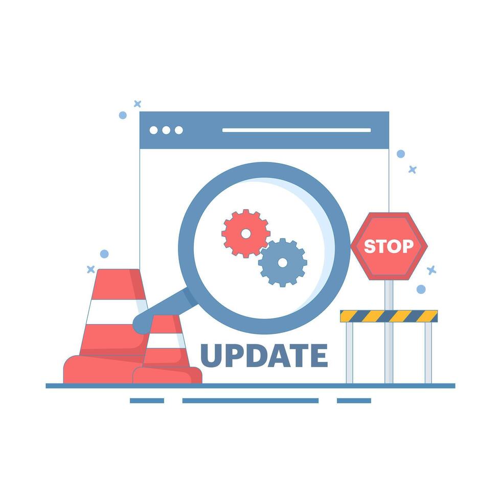 device with software update screen, System maintenance, payment process, software installation, operating system. Update process installation, program update, data network. Design illustration. vector