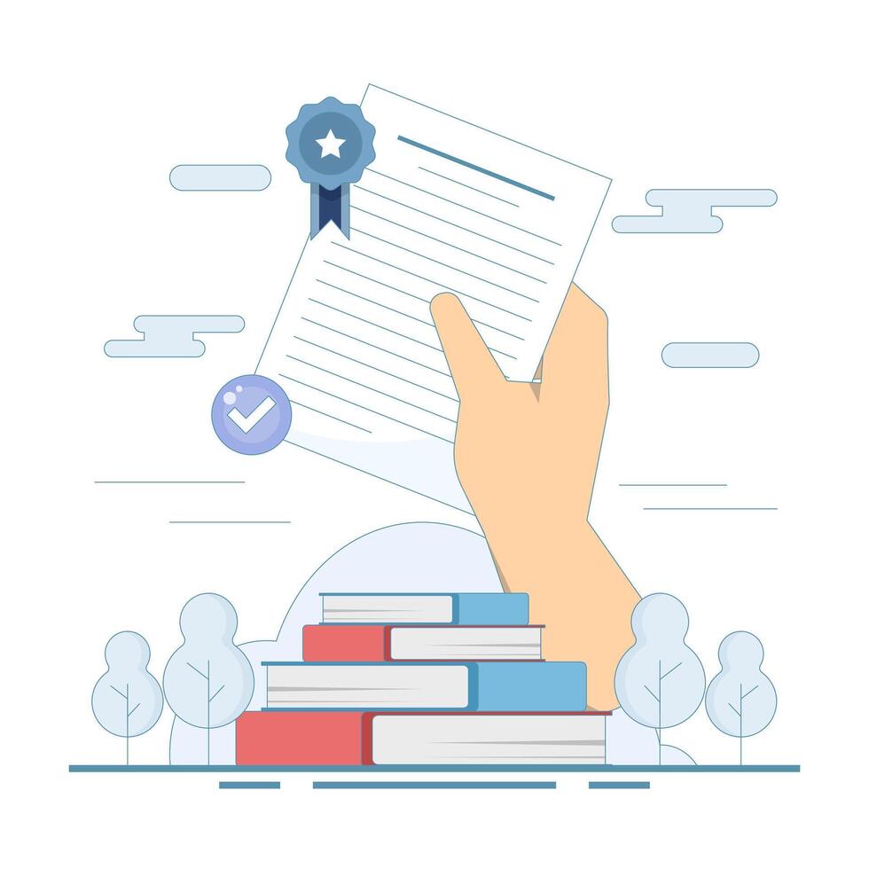 Certified Document Concept. Document with Approved Badge. Standard, quality control or certified approval, company policy or compliance. Flat Design illustration on background. vector