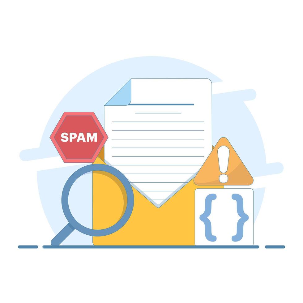 Spam email concept set enlarged bug email warning sign on computer monitor screen. Laptop with envelope and document with exclamation mark on screen. warning message. Design illustration vector