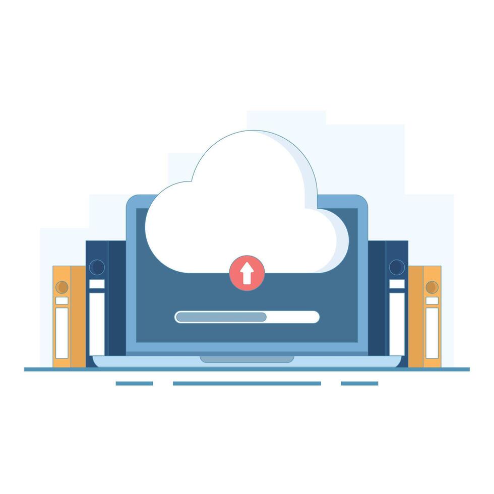 Cloud Based Data Upload Concept. Cloud Storage. Uploading and downloading of information and data processing, cloud storage or data transfer services. Design illustration. vector