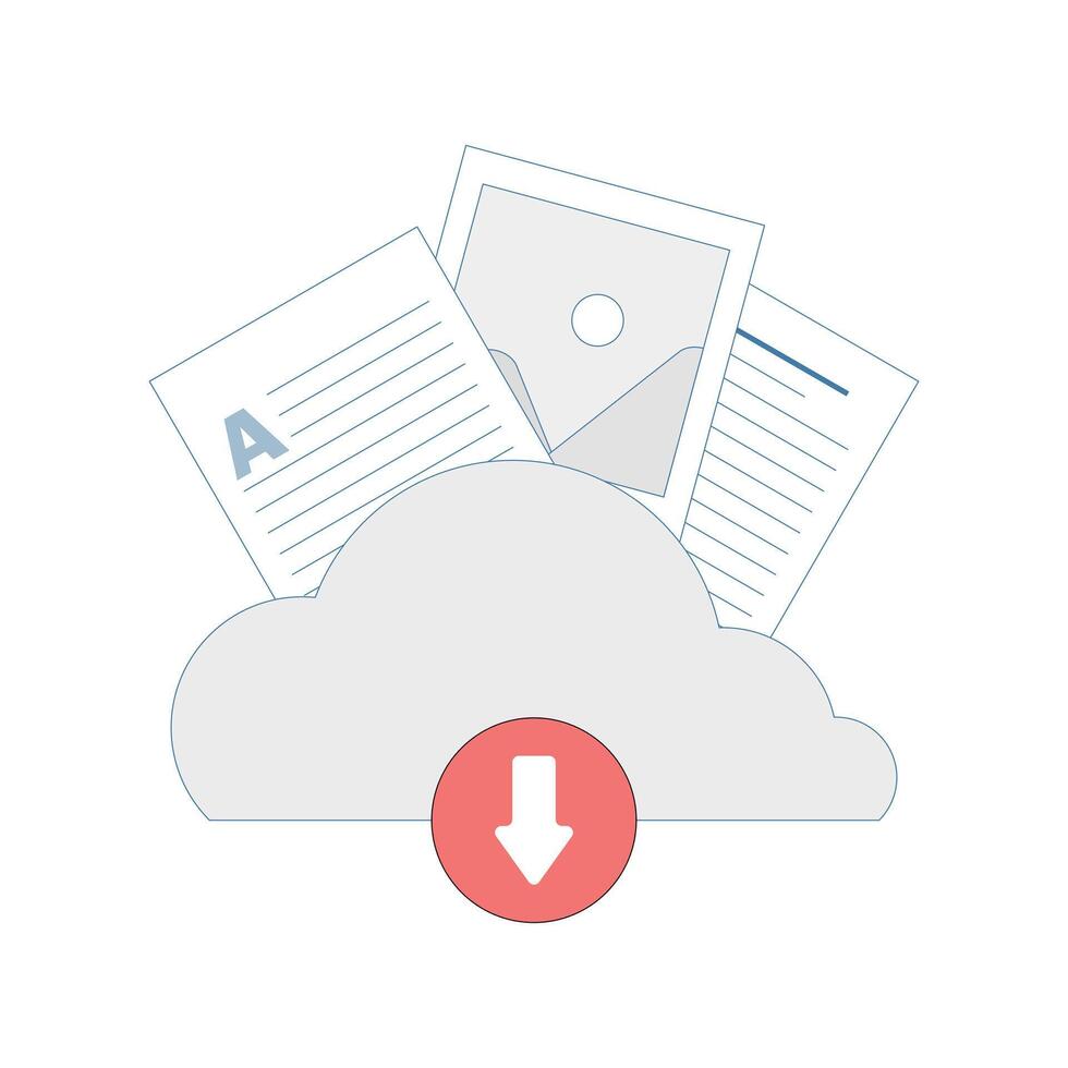 Cloud Based Data Upload Concept. Cloud Storage with Documents. Uploading and downloading of information and data processing, cloud storage or data transfer services. Design illustration. vector