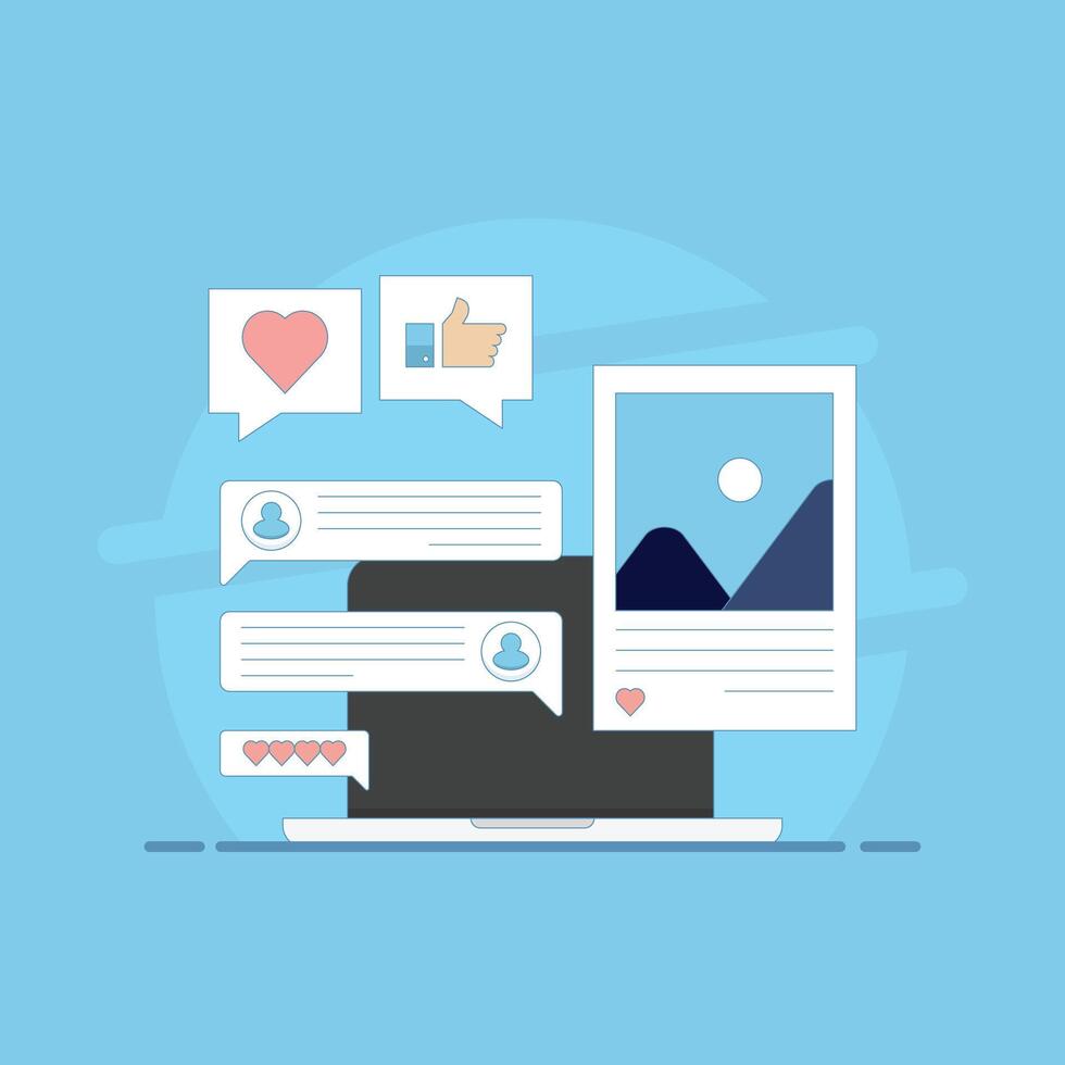 social media concept, feedback, comments, on smart device screen, social media marketing, mobile app, banner, business content strategy, digital marketing online connection, flat illustration. vector