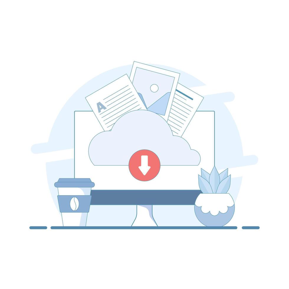 Cloud Based Data Upload Concept. Cloud Storage with Documents. Uploading and downloading of information and data processing, cloud storage or data transfer services. Flat illustration. vector