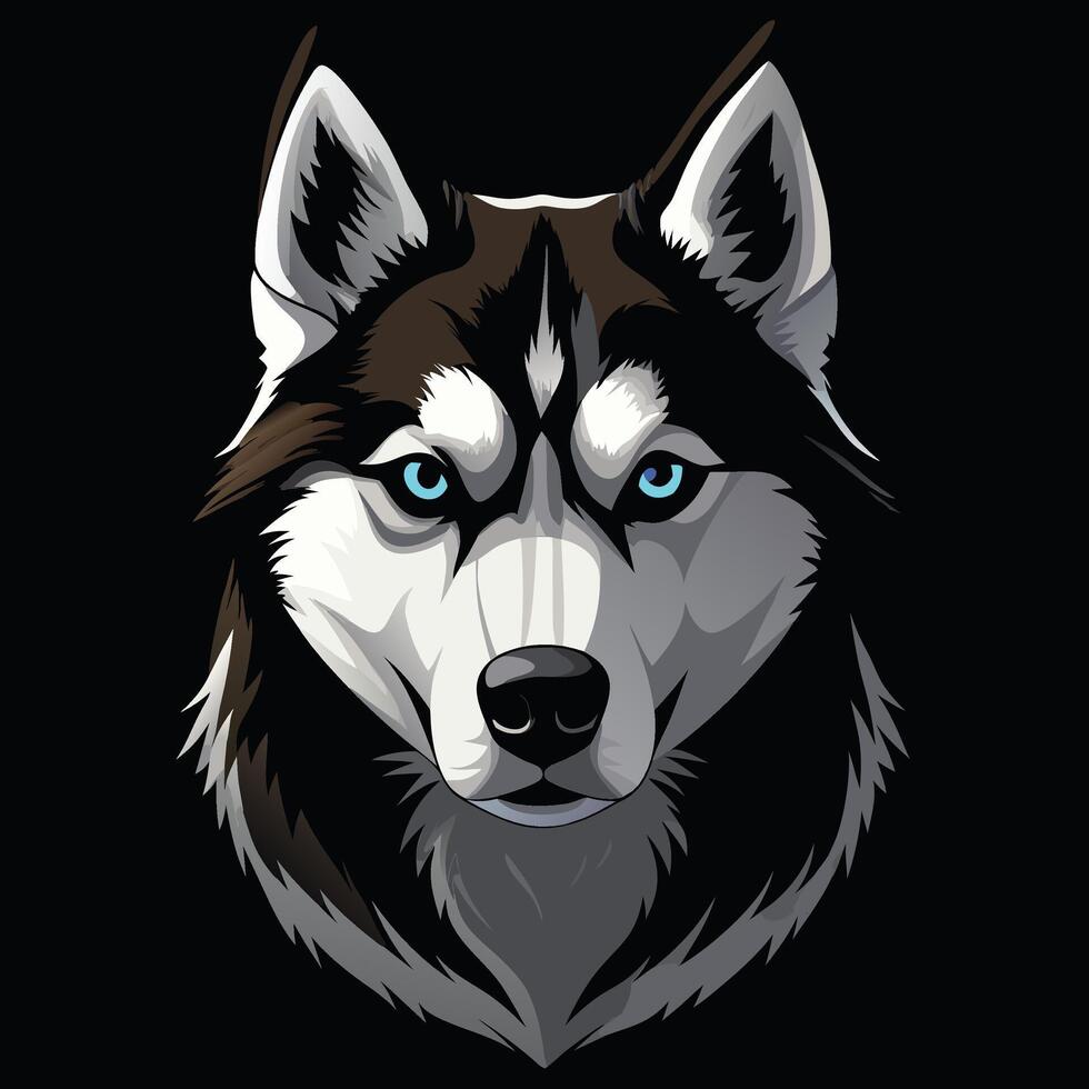 the head of a husky dog is shown on a black background vector