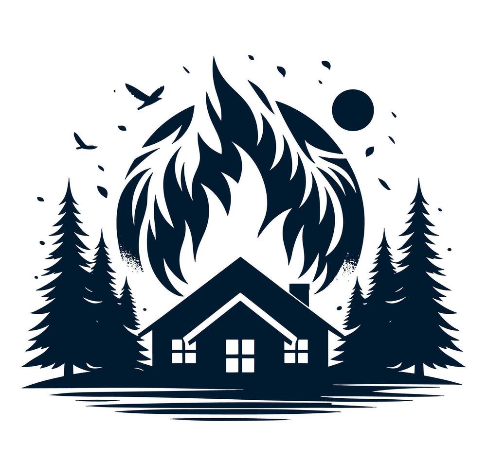 A house with flames and trees in the background vector
