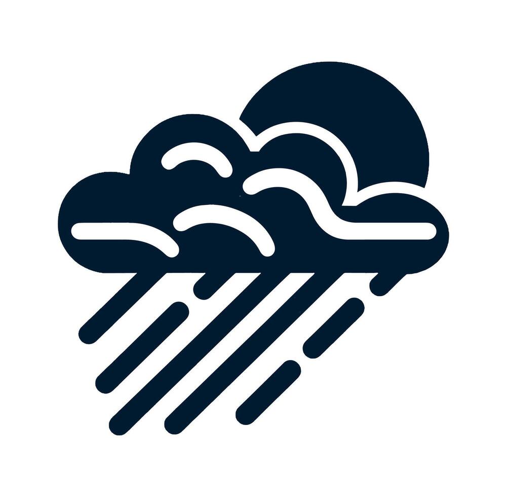 A black and white icon of a cloud with rain illustration. vector
