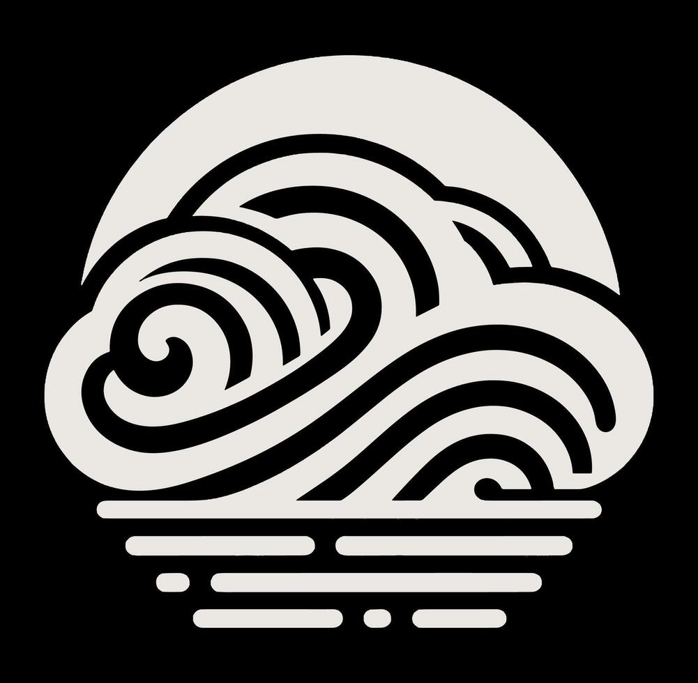 A black and white logo with waves and a sun vector