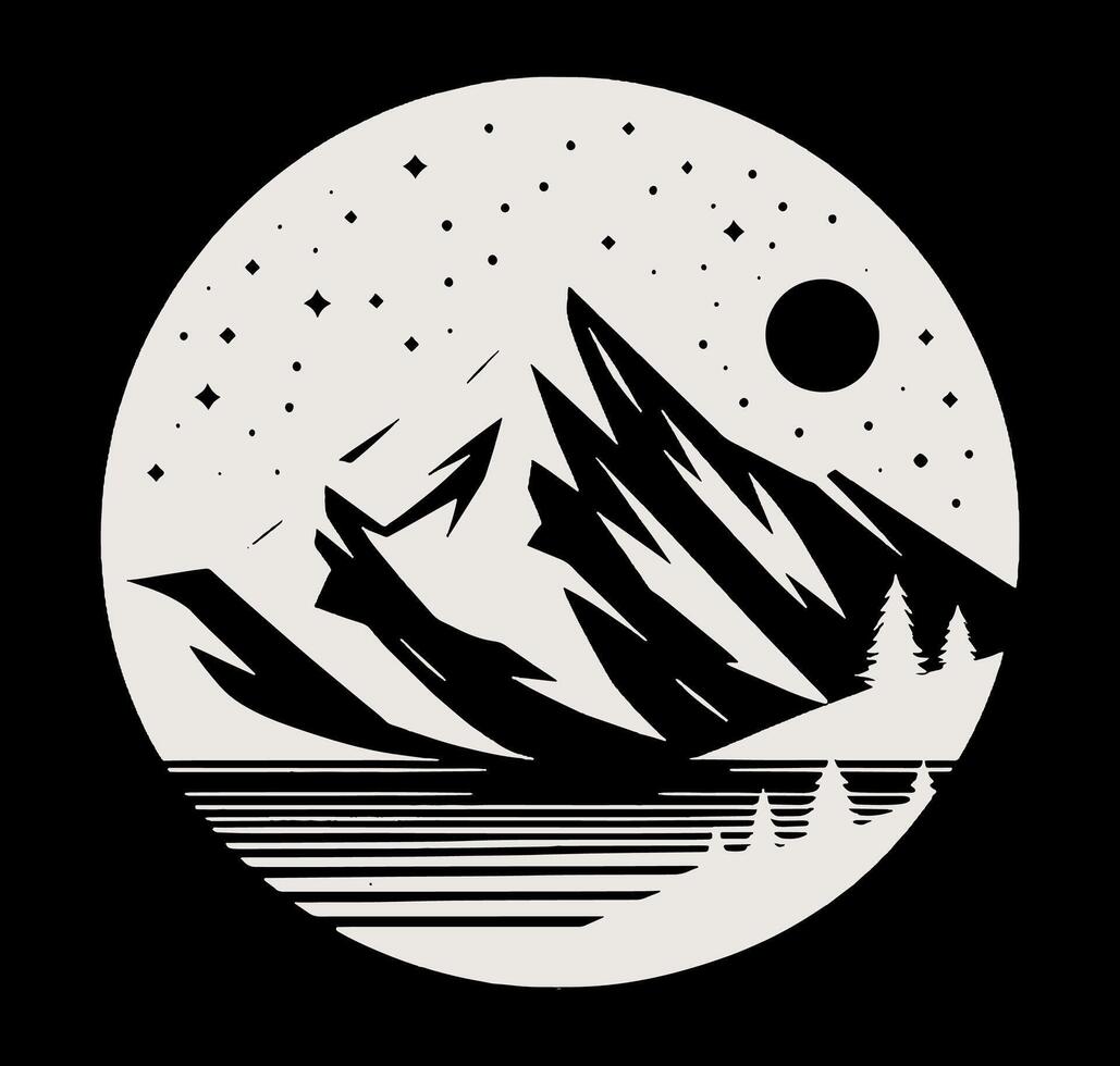 A mountain and lake in a circle with stars vector