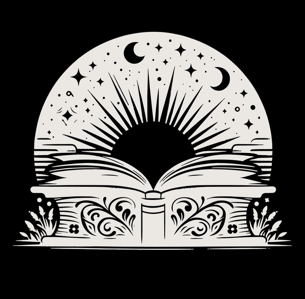 An open book illustration with a moon and stars on it vector