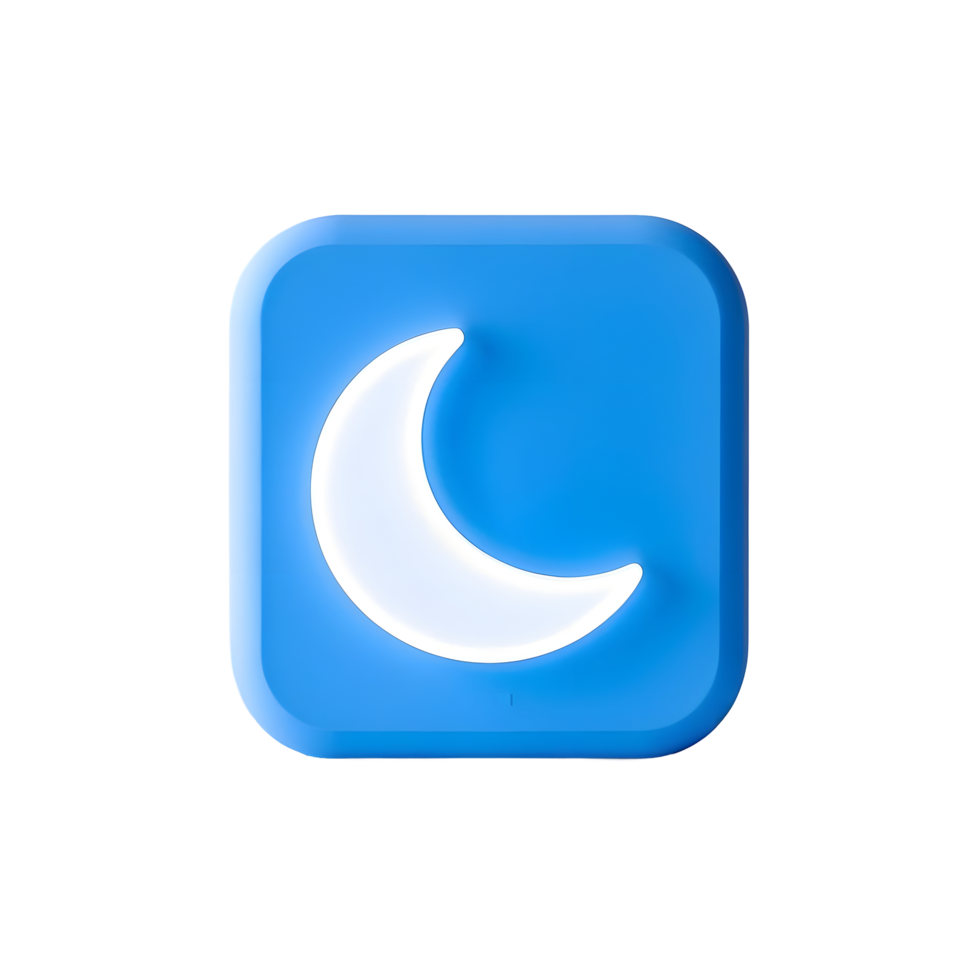 A blue lighted crescent shaped button with a moon on it png