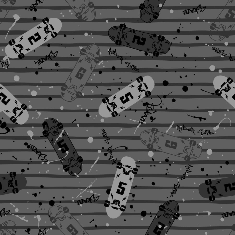 Seamless skateboard and splash pattern. Grey color vector