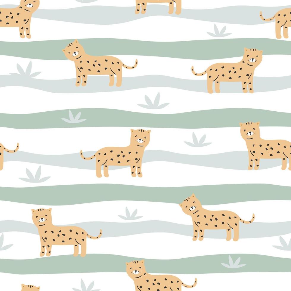 Seamless childish jungle pattern with cute leopard. Perfect for fabric vector