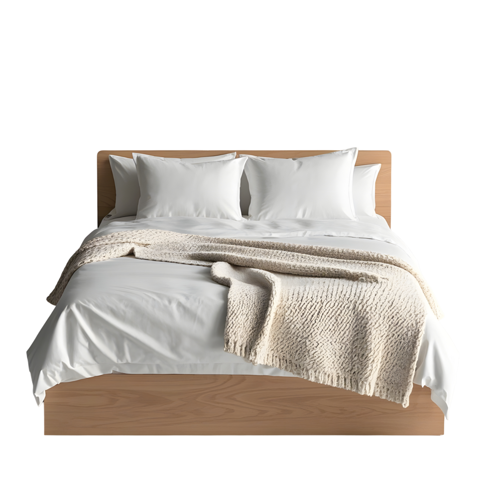 A bed with white sheets and pillows png