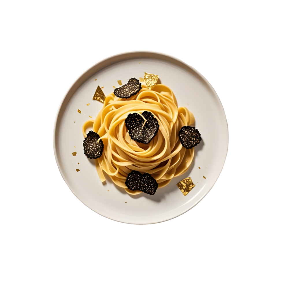 A plate of pasta with black truffles on it png