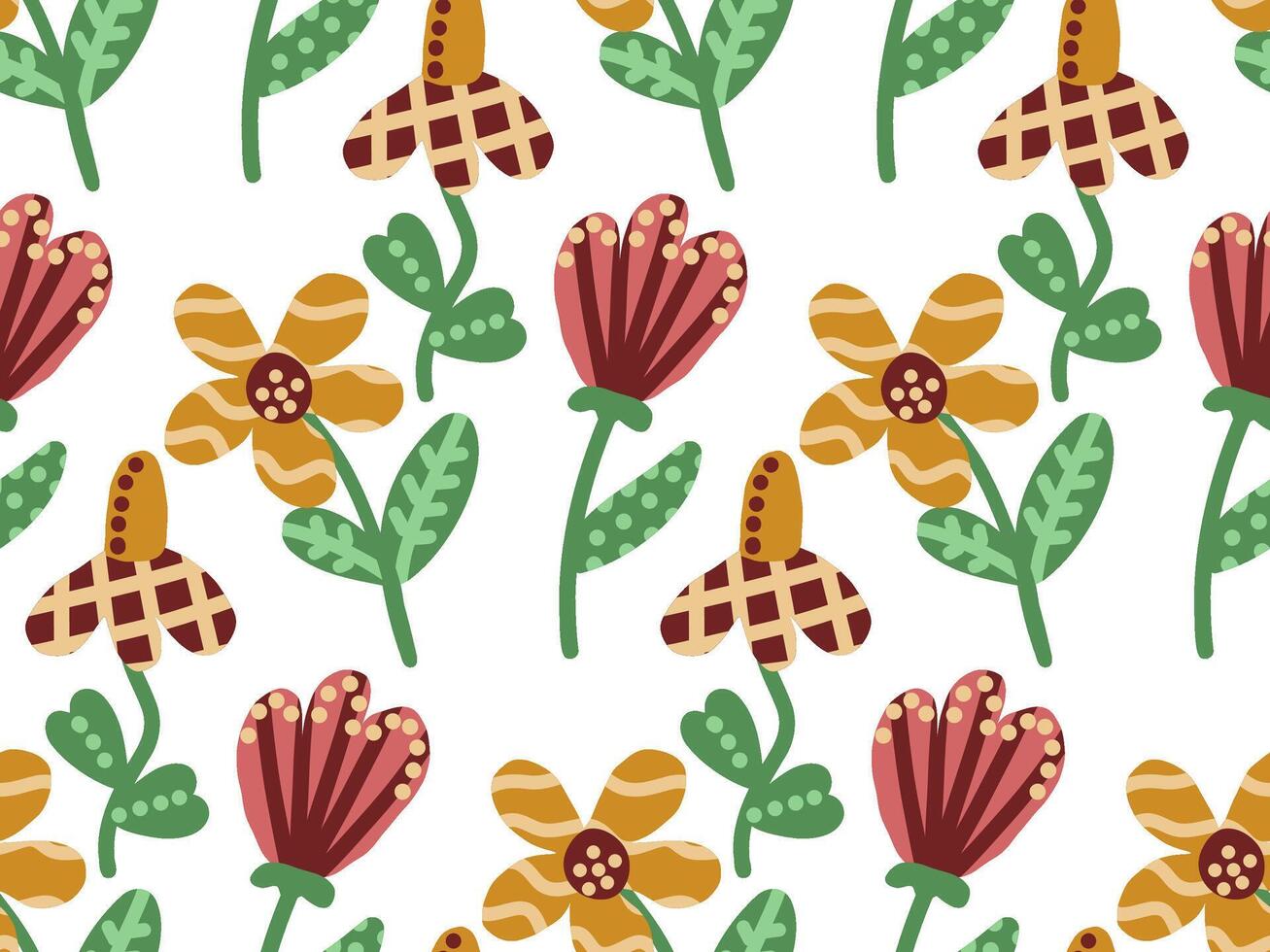 Seamless Floral Pattern with Hand-Drawn Abstract Flowers and Leaves in Warm Earthy Tones, Perfect for Textile Design, Wallpaper, Fabric, Wrapping Paper, and Decorative Backgrounds vector