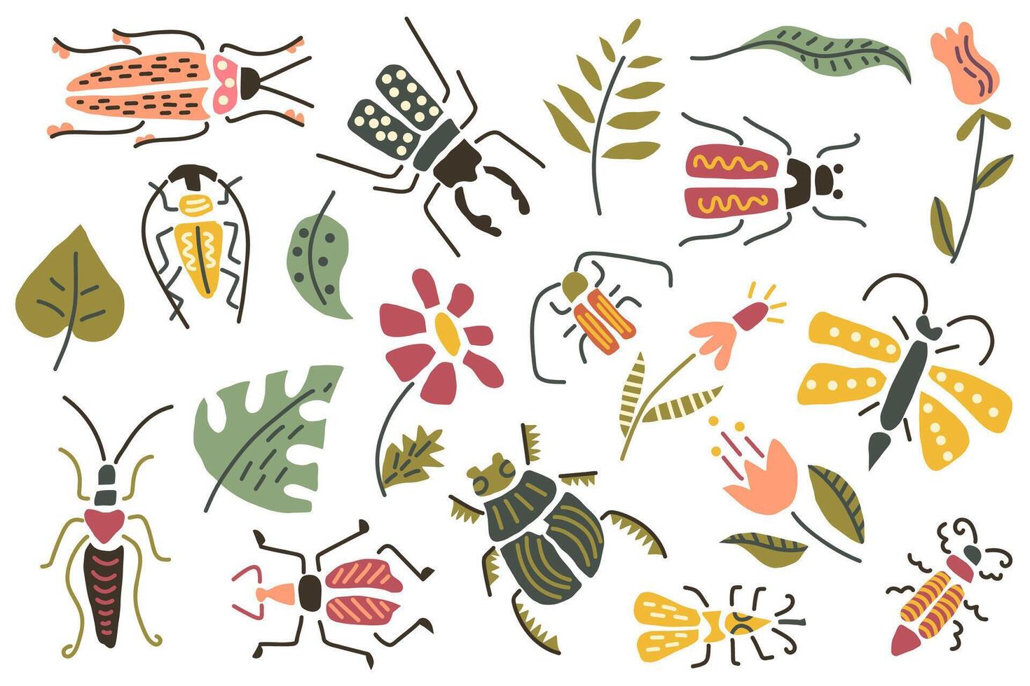 whimsical bug and flower illustration with ladybugs, butterflies, beetles, stylized blooms. concept of nature, insects, garden, floral design. colorful, playful art, kids decor. vector