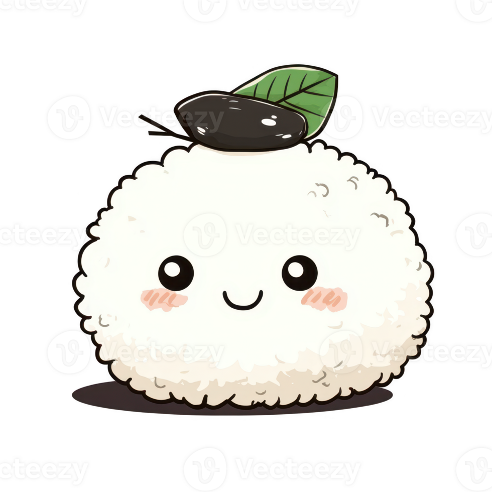 Cute Cartoon Rice Ball Character with Happy Expression and Leaf png