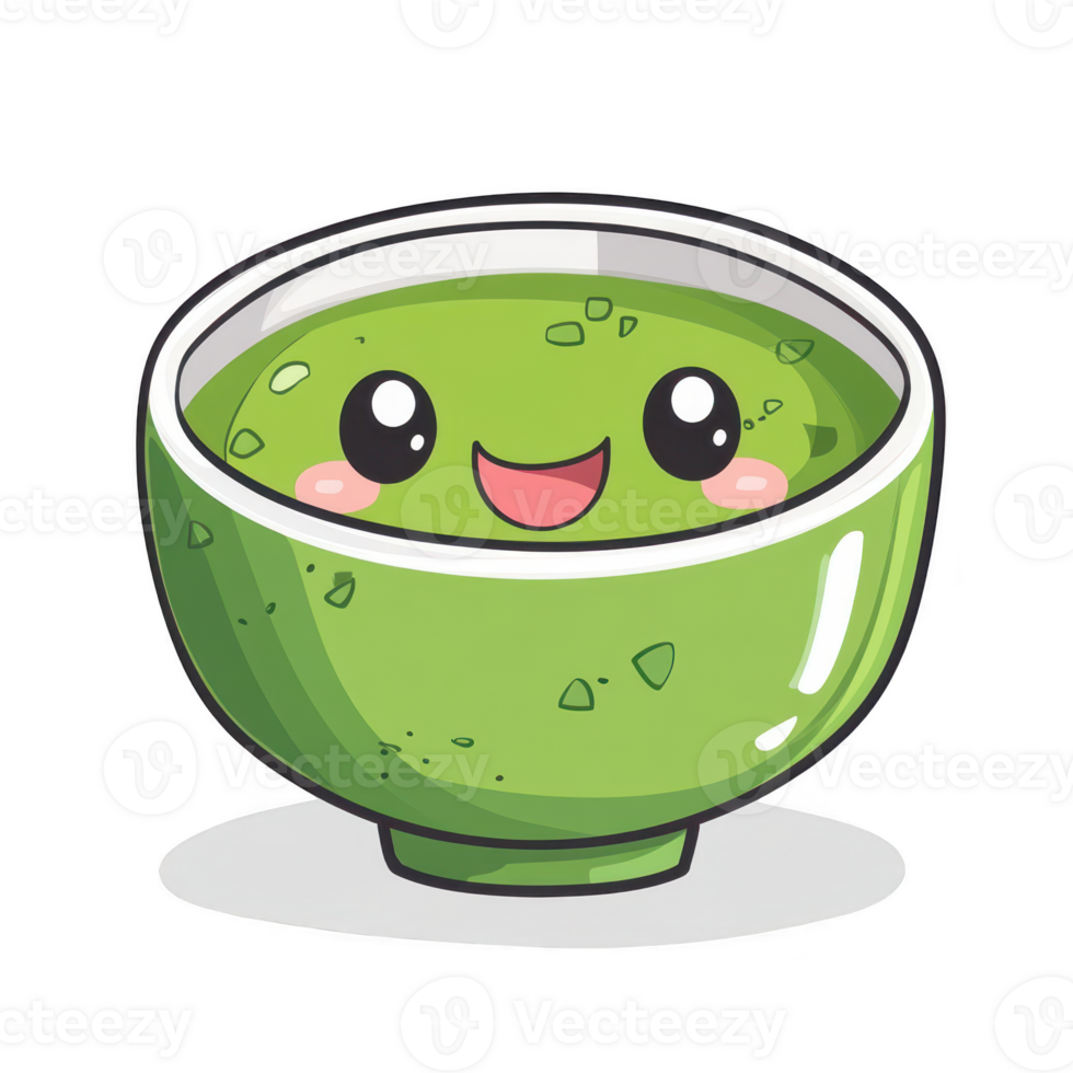 Cute cartoon bowl of green matcha with smiling face and vivid colors png