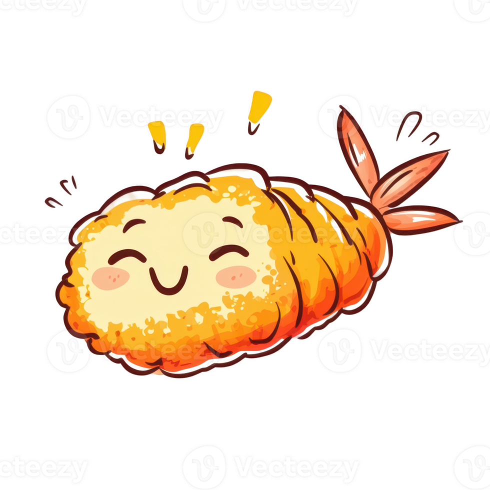 Cute Cartoon Shrimp Sushi with Happy Face and Cheerful Expression png