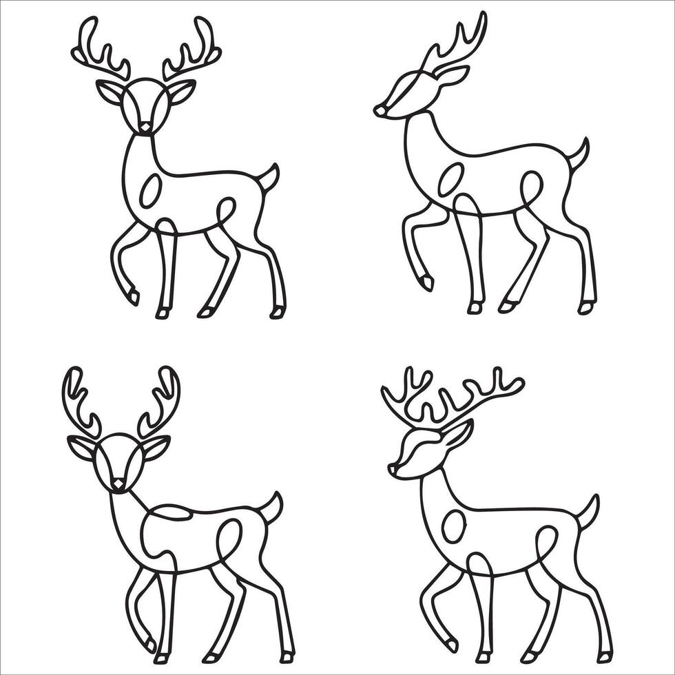 One-Line Cartoon Deer Silhouette Illustrations in Unique Poses Set vector
