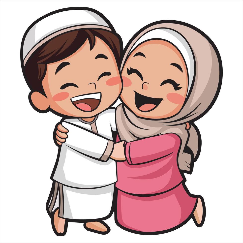 Muslim kids people hugging and wishing eid mubarak celebration background design vector