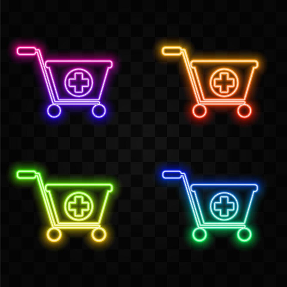 Glowing neon line Add to Shopping cart icon isolated on brick wall background. Online buying concept. Delivery service sign. Supermarket basket symbol. Colorful outline concept. vector