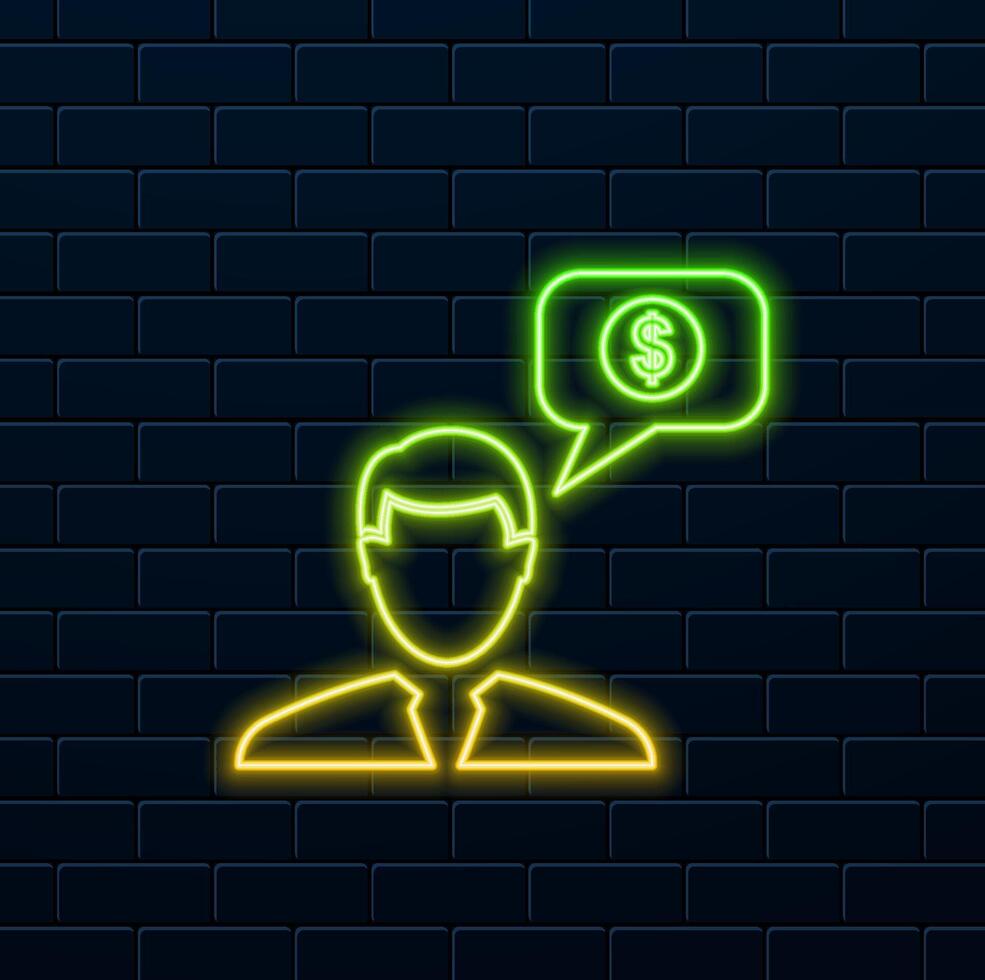 Business Man Talking About Dollars Cash. neon style. vector