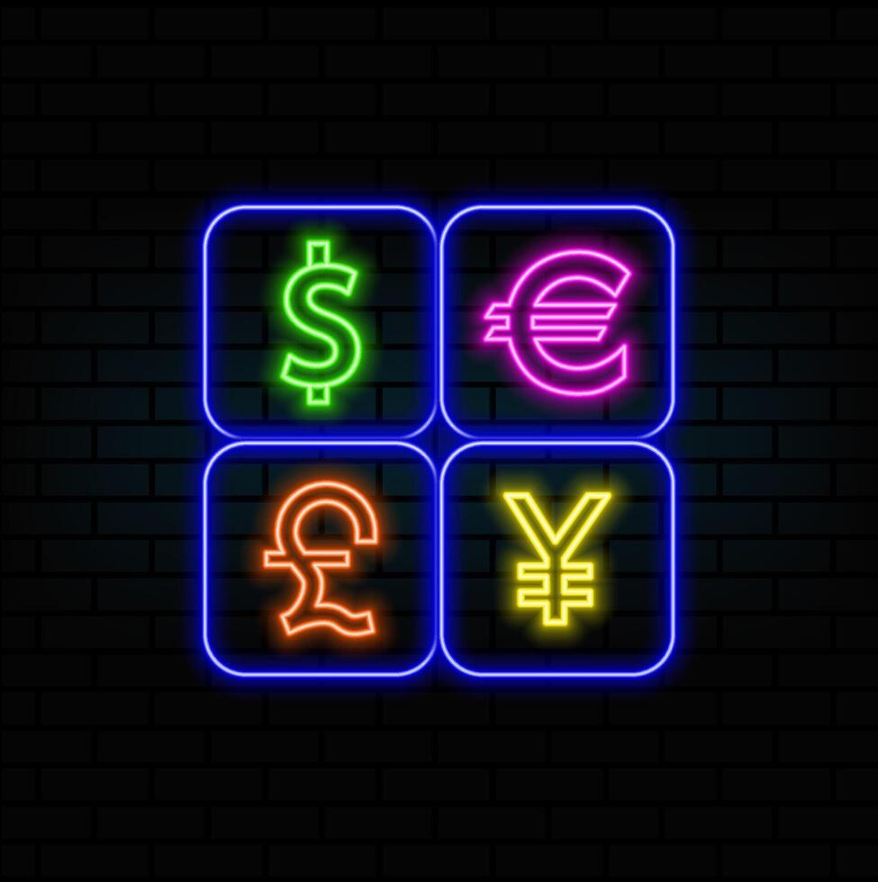 neon style. Dollar, euro, yen, yuan and pound exchange rate or symbols, flat icon for financial apps and websites vector