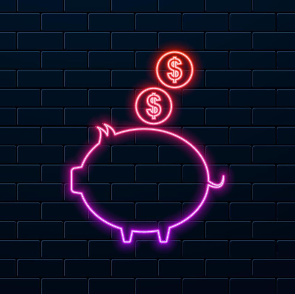 Piggy Bank And A Dollar Coin. pig piggy bank with coins. neon style. vector