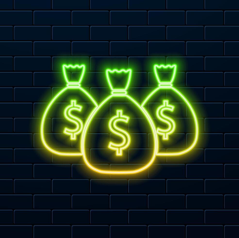 Money bag with dollar coin icon. neon style. canvas money bag shaped silhouette sign flat set vector