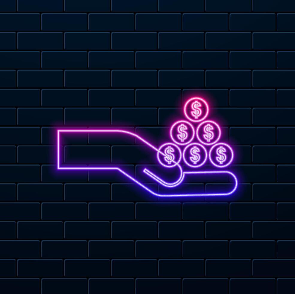 Hand with coins item Receiving dividends from securities Cash payment purchases. neon style. Financial icons Flat style in isolated illustration vector